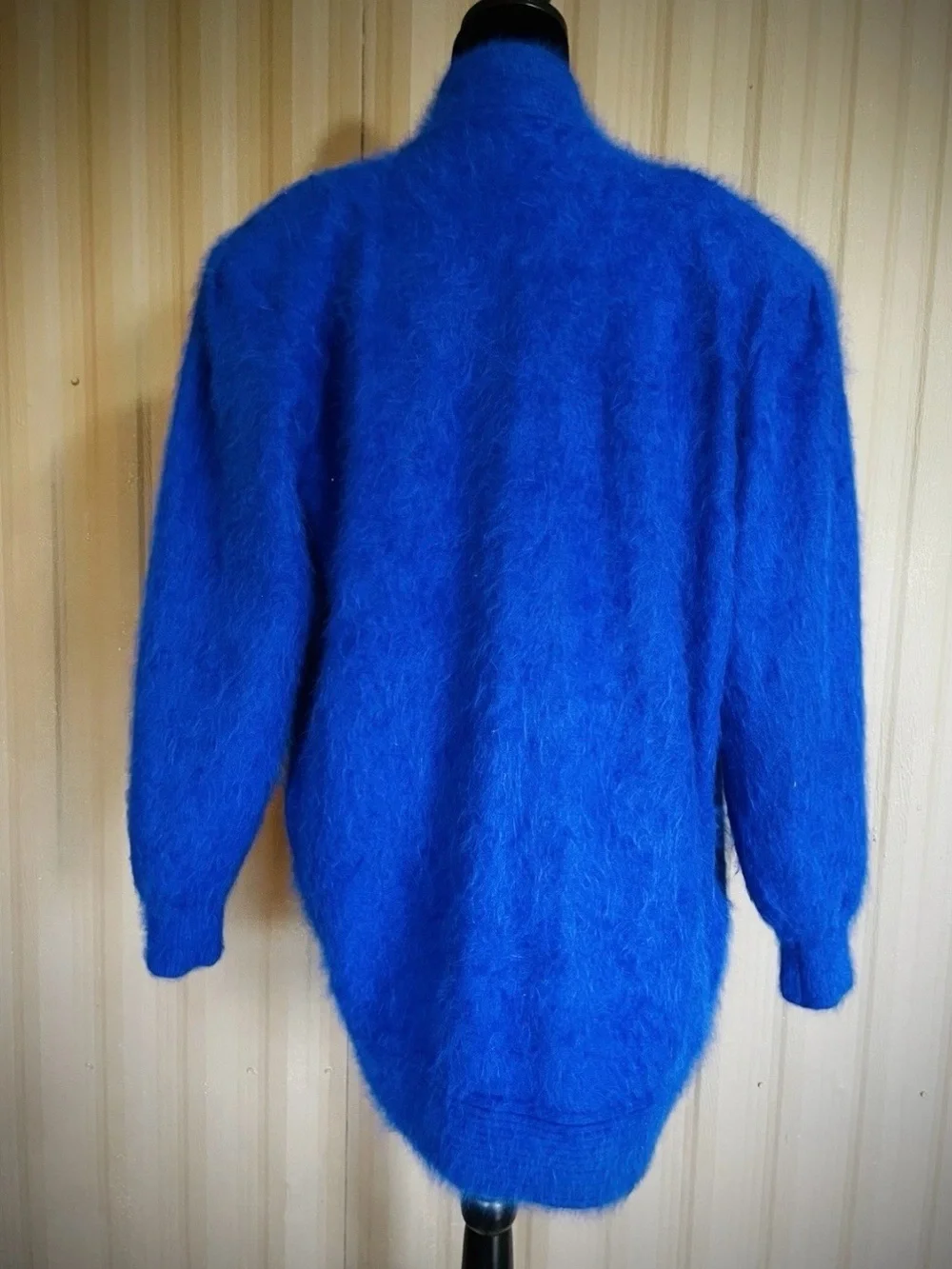 VTG 80% Angora Royal Blue Cardigan Sweater Jacket Beaded 80s Korea Puff Slv XL